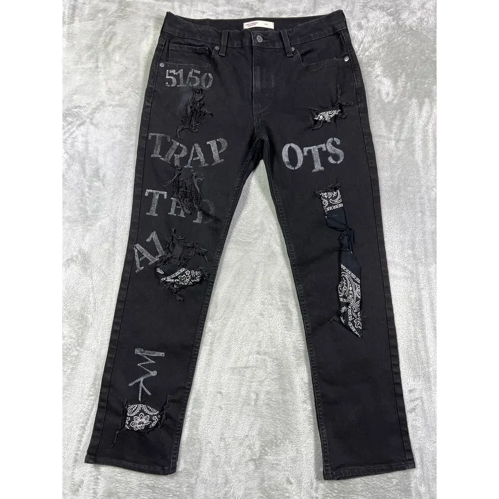 Levi 32x30 Distressed Black Jeans Custom Trap Hip Hop Punk Grunge Reworked Denim